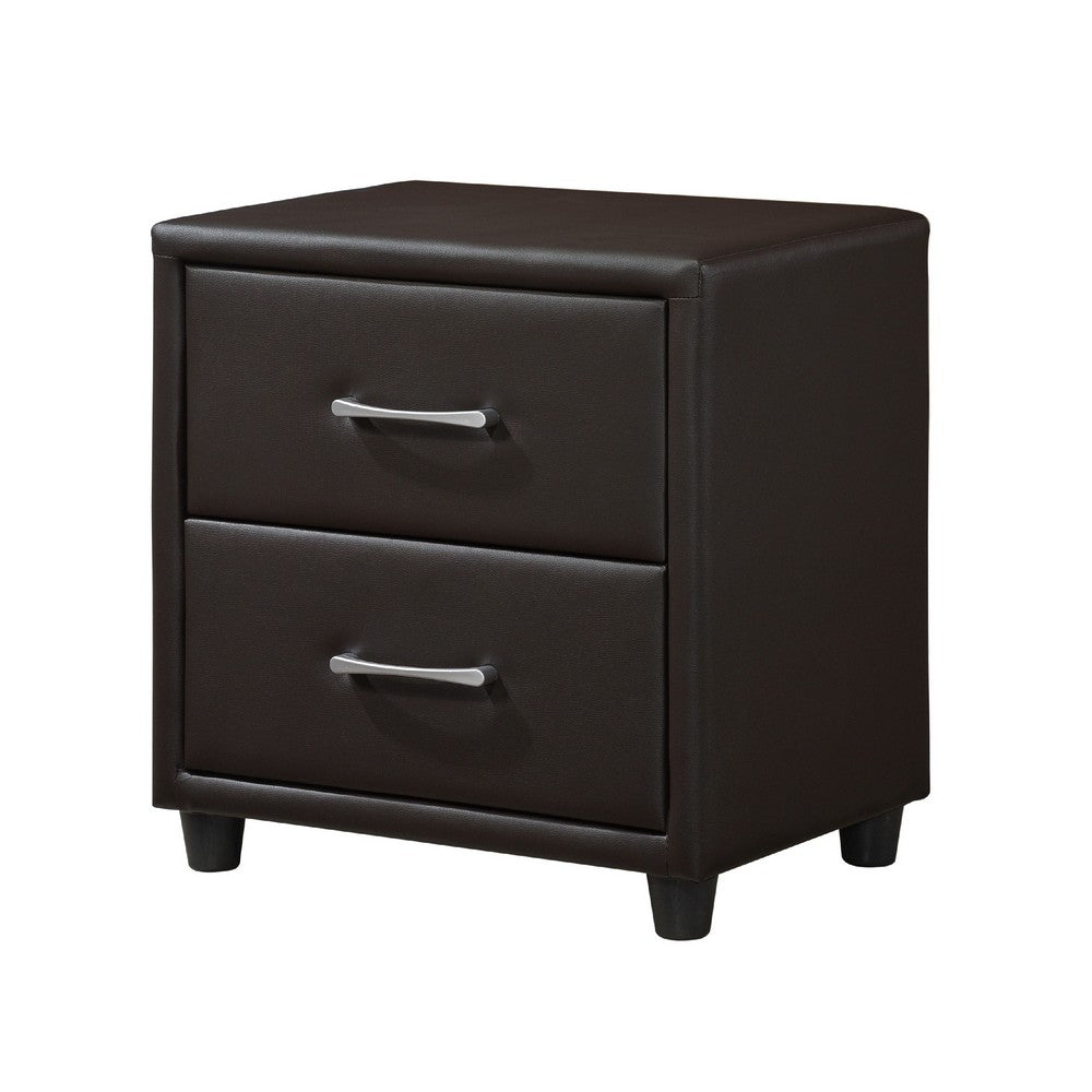 Kely Nightstand | 2 Drawers | Silver Bar Pulls | Dark Brown Faux Leather