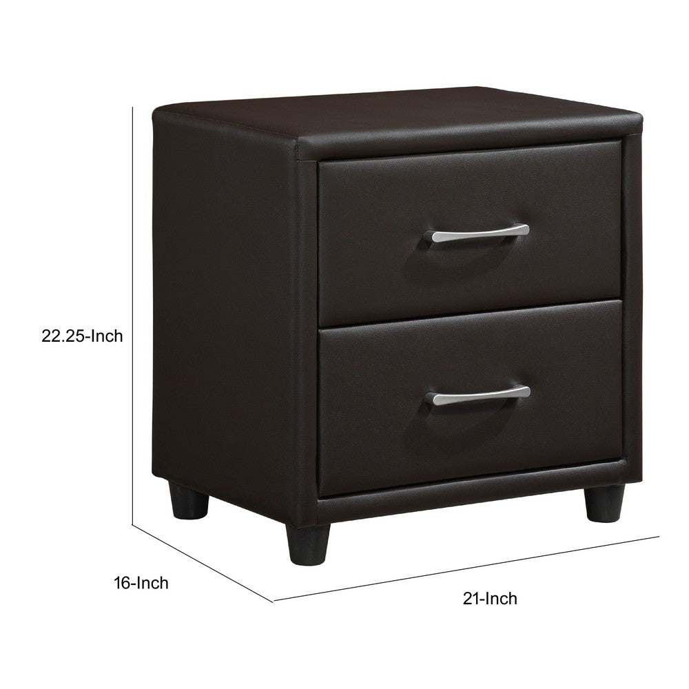 Kely Nightstand | 2 Drawers | Silver Bar Pulls | Dark Brown Faux Leather
