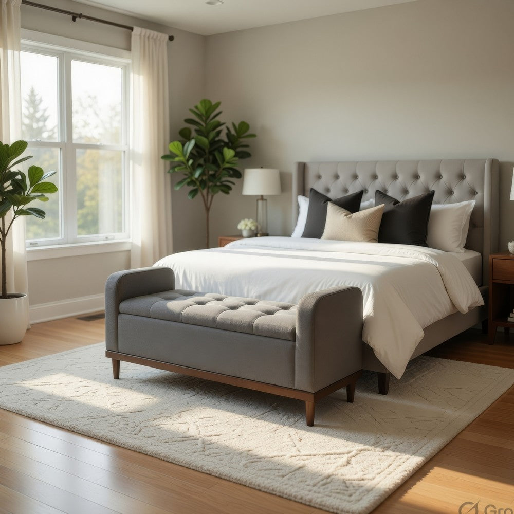 Accent Bench w Lift Top Storage | Tufted Gray Polyester | Walnut Brown 50"
