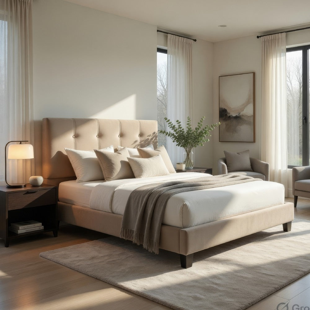 Berry Queen Platform Bed |  Adjustable Headboard | Brown Velvet Upholstery