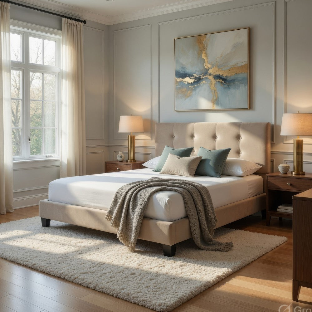 Berry Queen Platform Bed |  Adjustable Headboard | Brown Velvet Upholstery