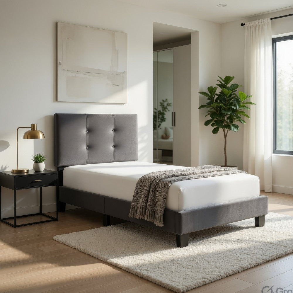 Berry Twin Platform Bed |  Adjustable Headboard | Gray Velvet Upholstery