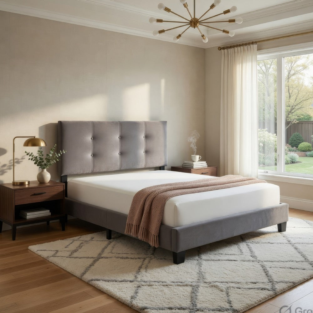 Berry Full Platform Bed |  Adjustable Headboard | Gray Velvet Upholstery