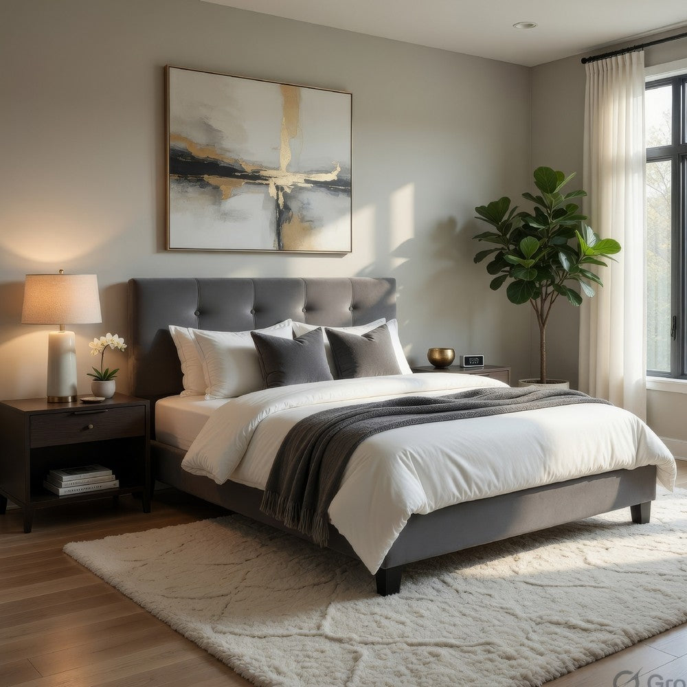 Berry Queen Platform Bed |  Adjustable Headboard | Gray Velvet Upholstery