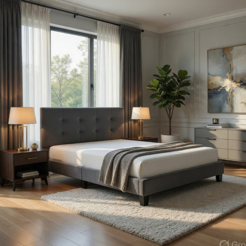 Berry Queen Platform Bed |  Adjustable Headboard | Gray Velvet Upholstery