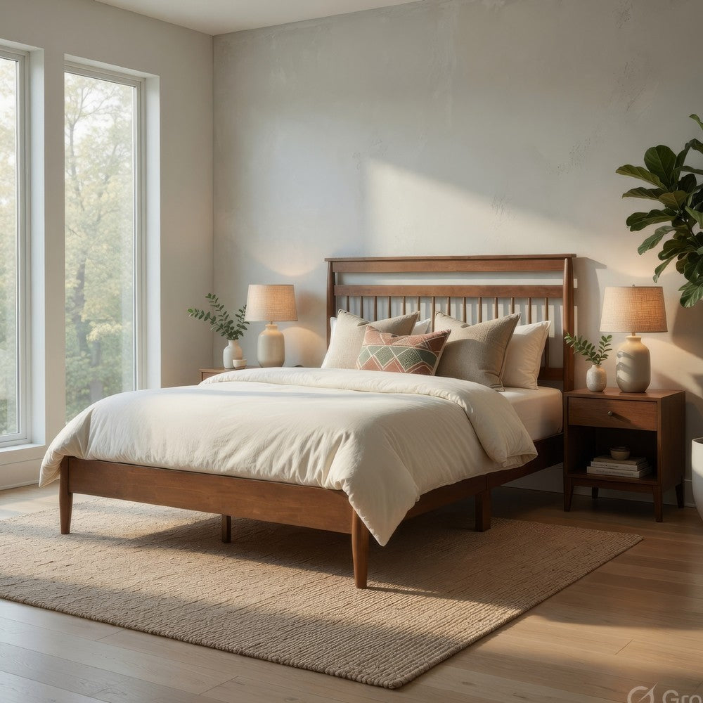 Karlo Queen Platform Bed | Slatted Headboard | Transitional Chestnut Brown