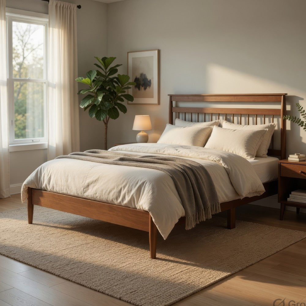 Karlo Queen Platform Bed | Slatted Headboard | Transitional Chestnut Brown