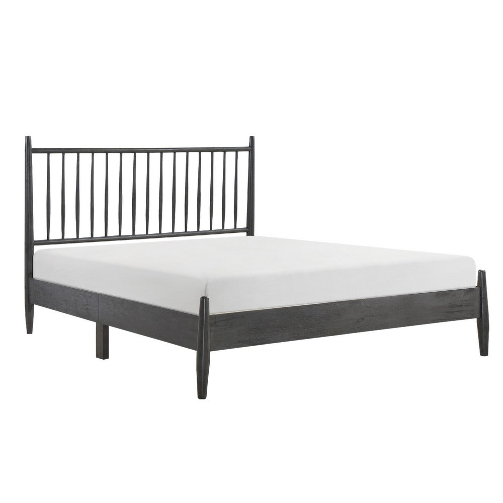 Kell Queen Platform Bed | Vertical Slatted Headboard | Mid Century Gray