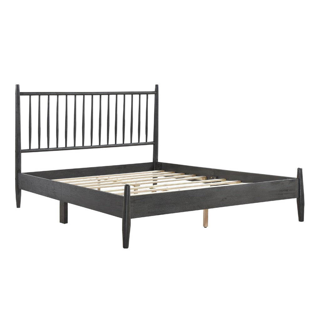 Kell Queen Platform Bed | Vertical Slatted Headboard | Mid Century Gray