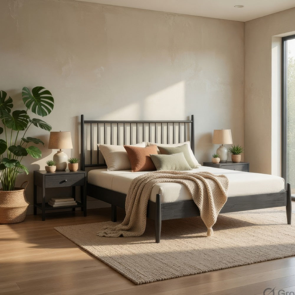 Kell Queen Platform Bed | Vertical Slatted Headboard | Mid Century Gray