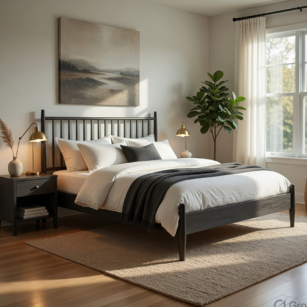 Kell Queen Platform Bed | Vertical Slatted Headboard | Mid Century Gray