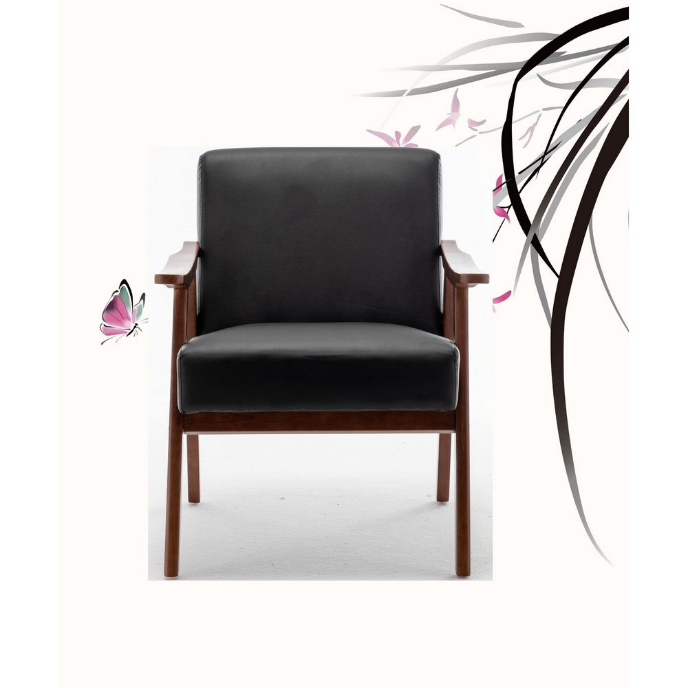 Ryno Mid-Century Accent Chair | Natural Wood Frame | Black Faux Leather