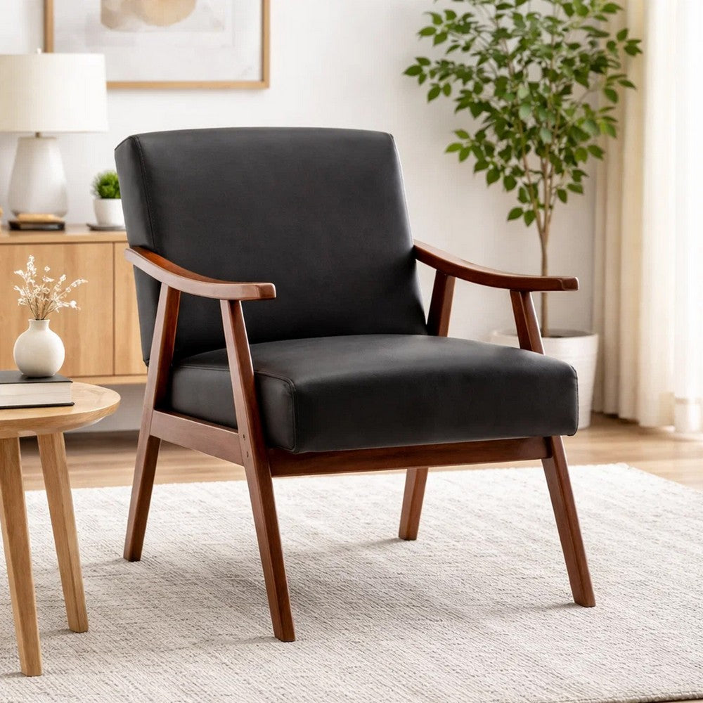 Ryno Mid-Century Accent Chair | Natural Wood Frame | Black Faux Leather