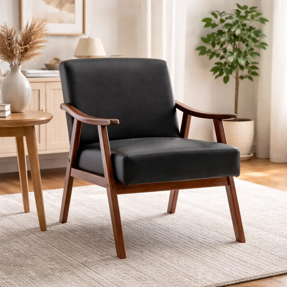 Ryno Mid-Century Accent Chair | Natural Wood Frame | Black Faux Leather