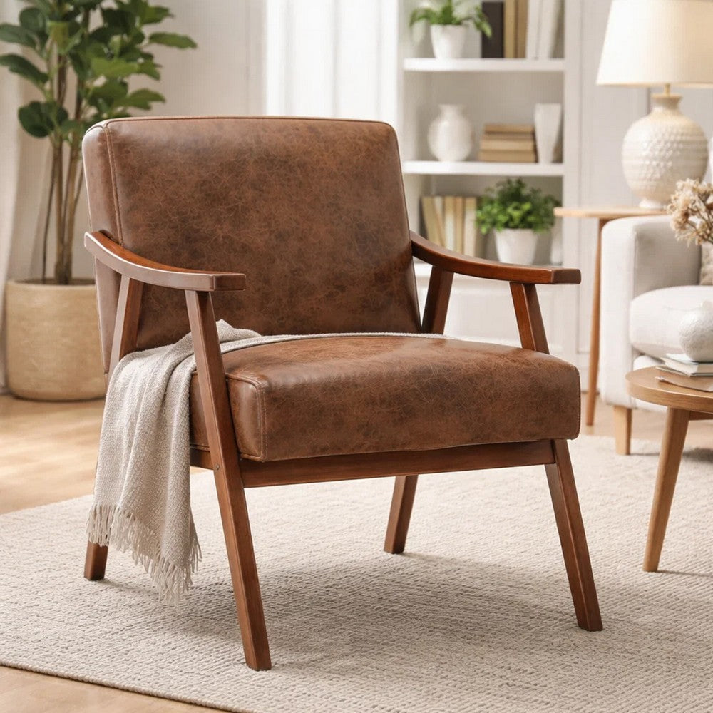 Ryno Mid-Century Accent Chair | Natural Wood Frame | Brown Microfiber
