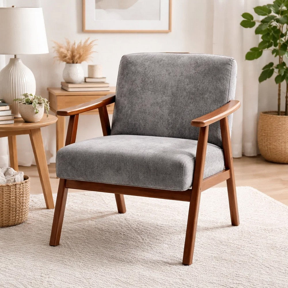 Ryno Mid-Century Accent Chair | Natural Wood Frame | Gray Microfiber