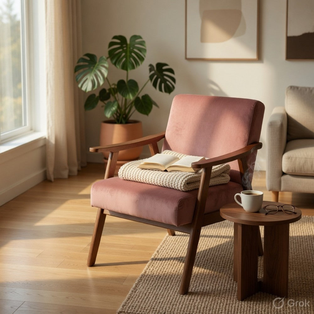 Ryno Mid-Century Accent Chair | Natural Wood Frame | Rose Pink Velvet