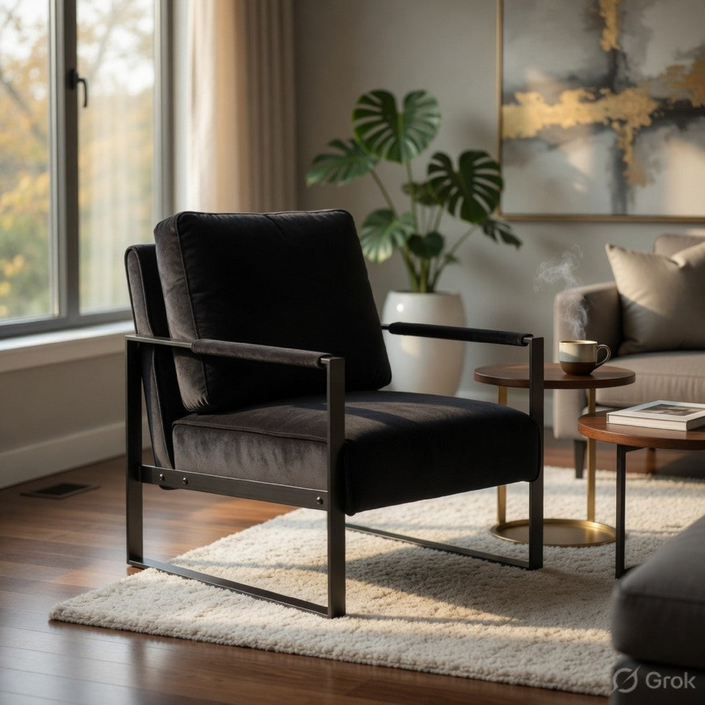 Kriya Accent Lounge Arm Chair with Black Metal Frame | Black Velvet
