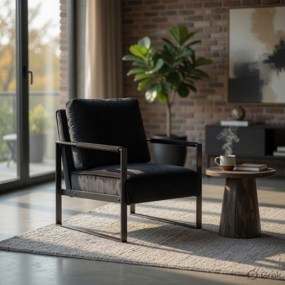 Kriya Accent Lounge Arm Chair with Black Metal Frame | Black Velvet