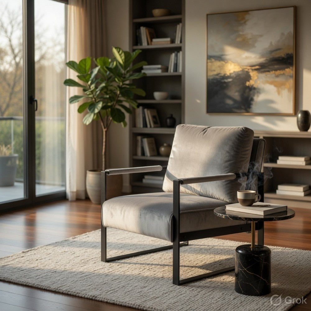 Kriya Accent Lounge Arm Chair with Black Metal Frame | Gray Velvet