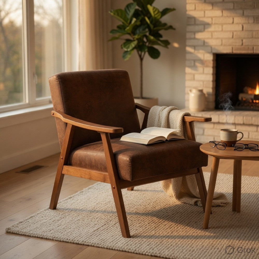 Ryno Mid-Century Accent Chair | Natural Wood Frame | Brown Microfiber