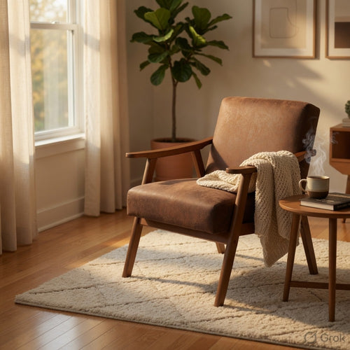 Ryno Mid-Century Accent Chair | Natural Wood Frame | Brown Microfiber