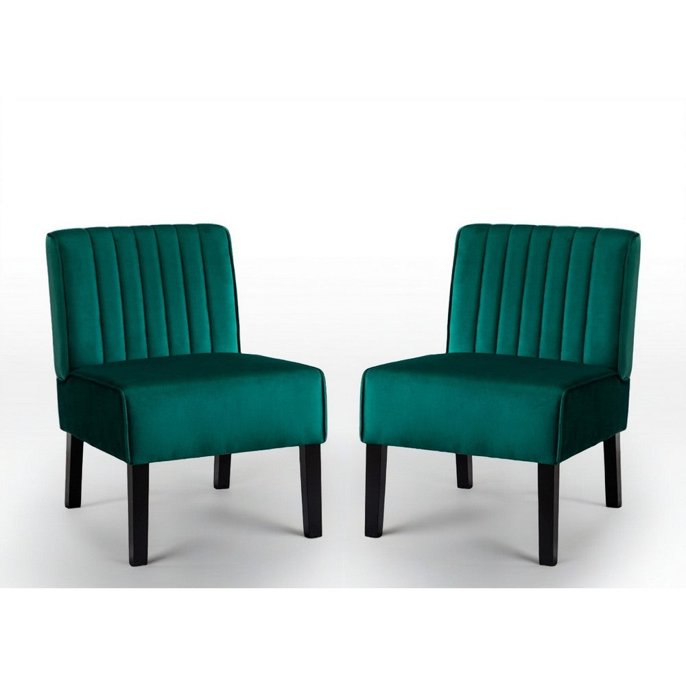 Revvy Accent Chair Set of 2 | Black Wood | Green Channel-Tufted Velvet