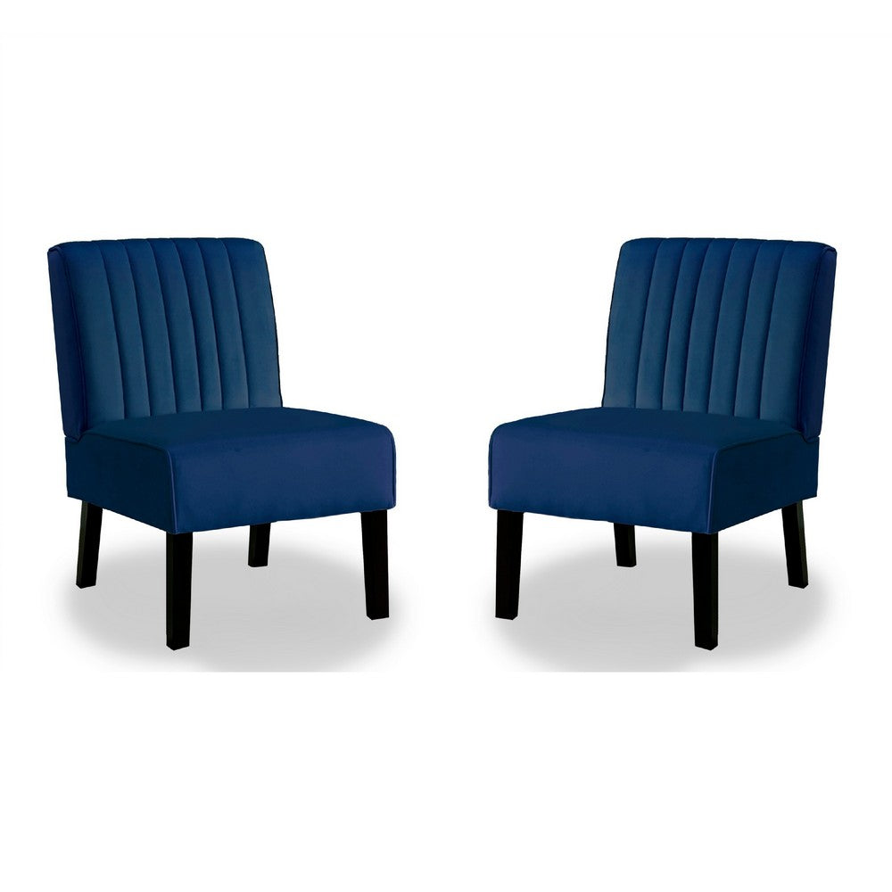 Revvy Accent Chair Set of 2 | Black Wood | Blue Channel-Tufted Velvet