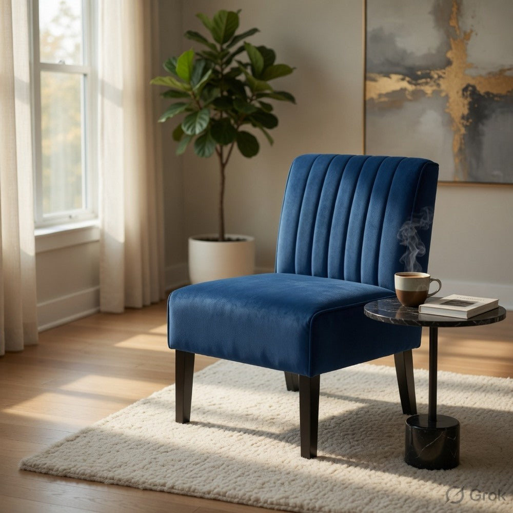 Revvy Accent Chair Set of 2 | Black Wood | Blue Channel-Tufted Velvet