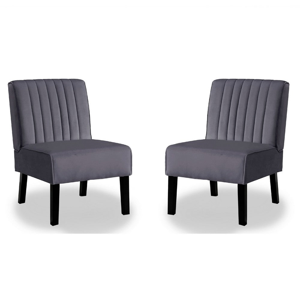 Revvy Accent Chair Set of 2 | Black Wood | Gray Channel-Tufted Velvet
