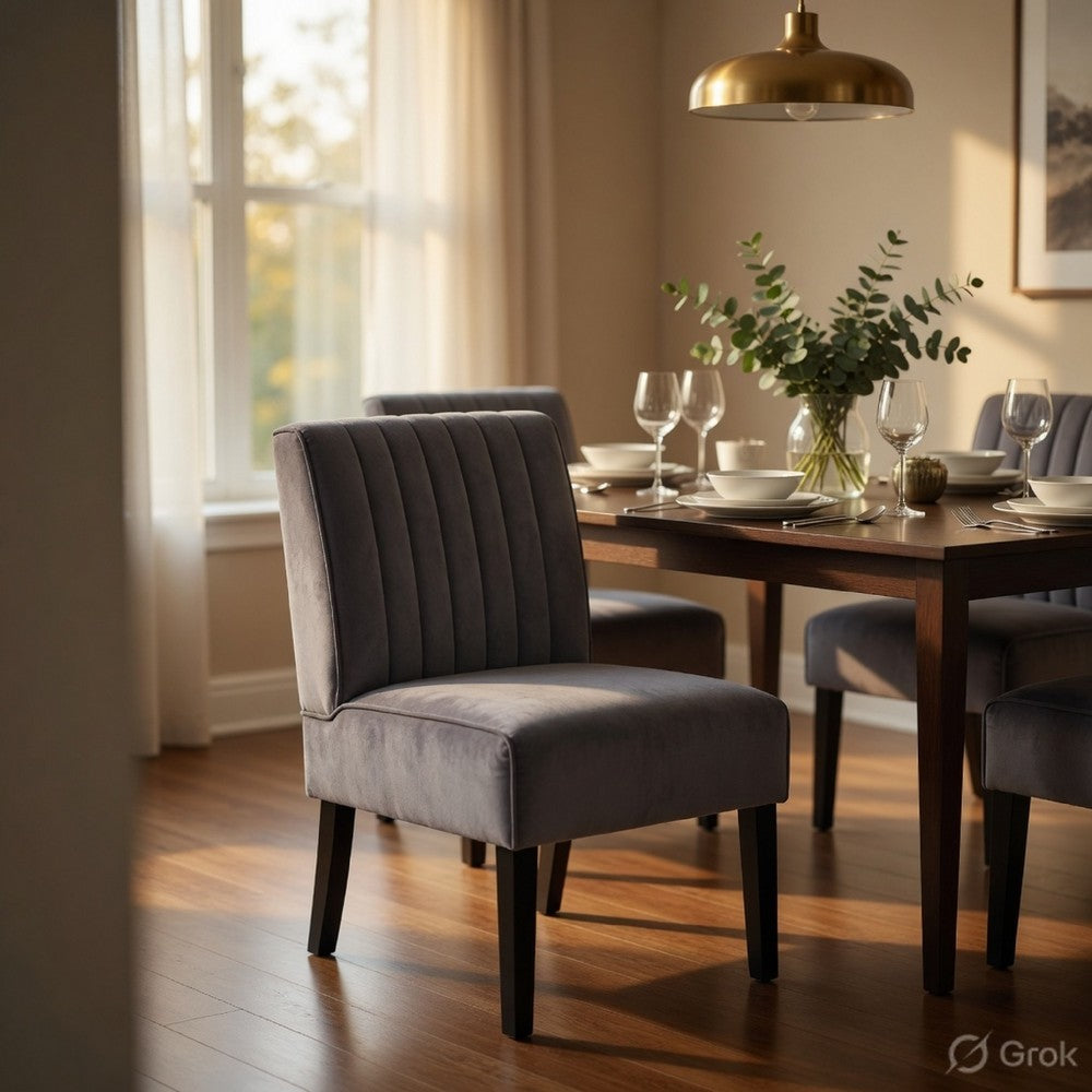 Revvy Accent Chair Set of 2 | Black Wood | Gray Channel-Tufted Velvet