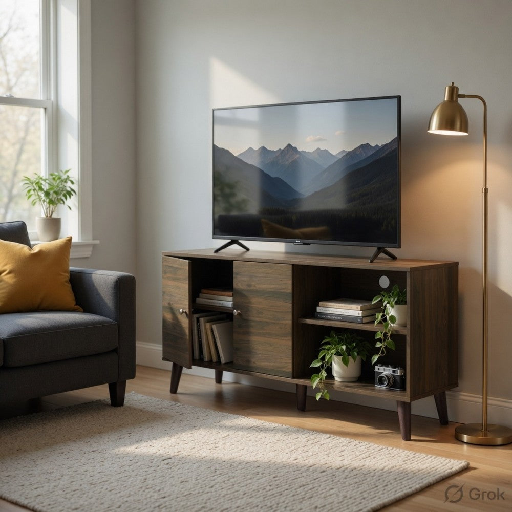 Donna TV Stand Media Console | Shelves and 2 Door Cabinet | Walnut Wood 47"