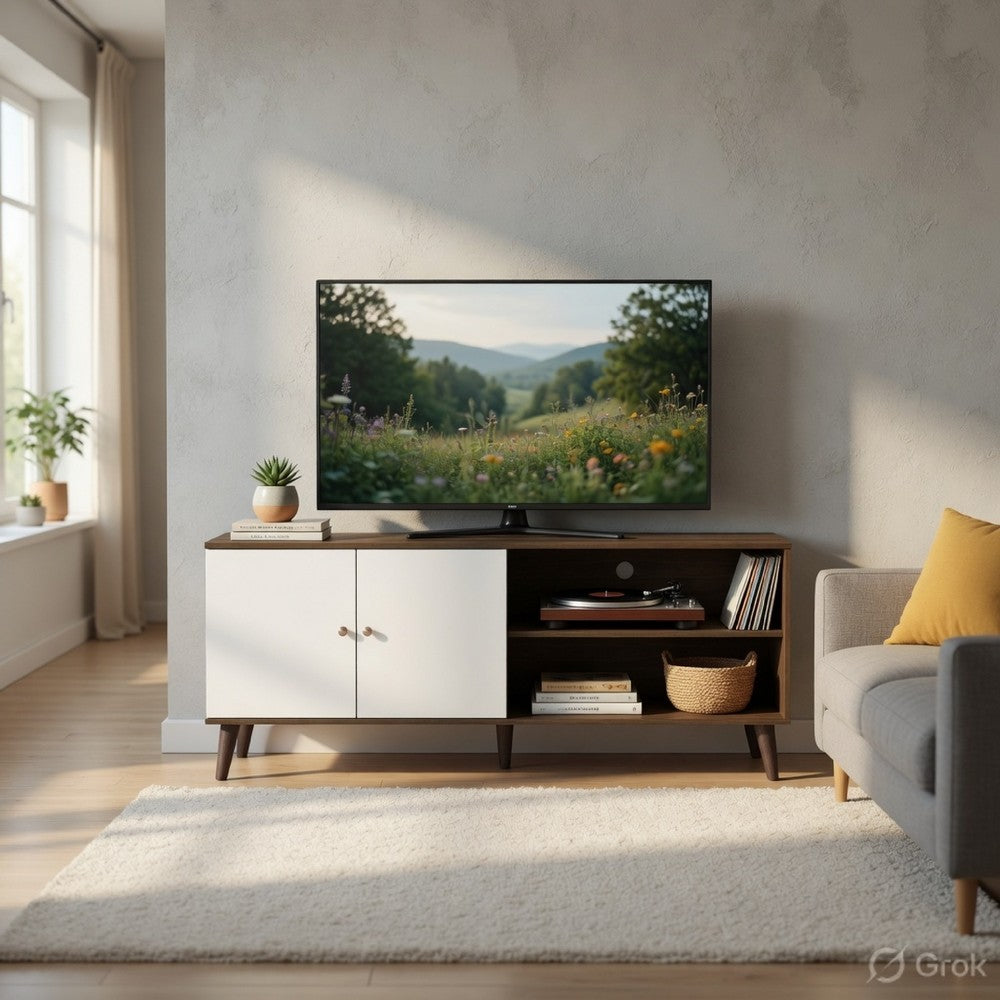 Donna TV Stand Media Console with 2 Door Cabinet | Walnut-White Wood 63"