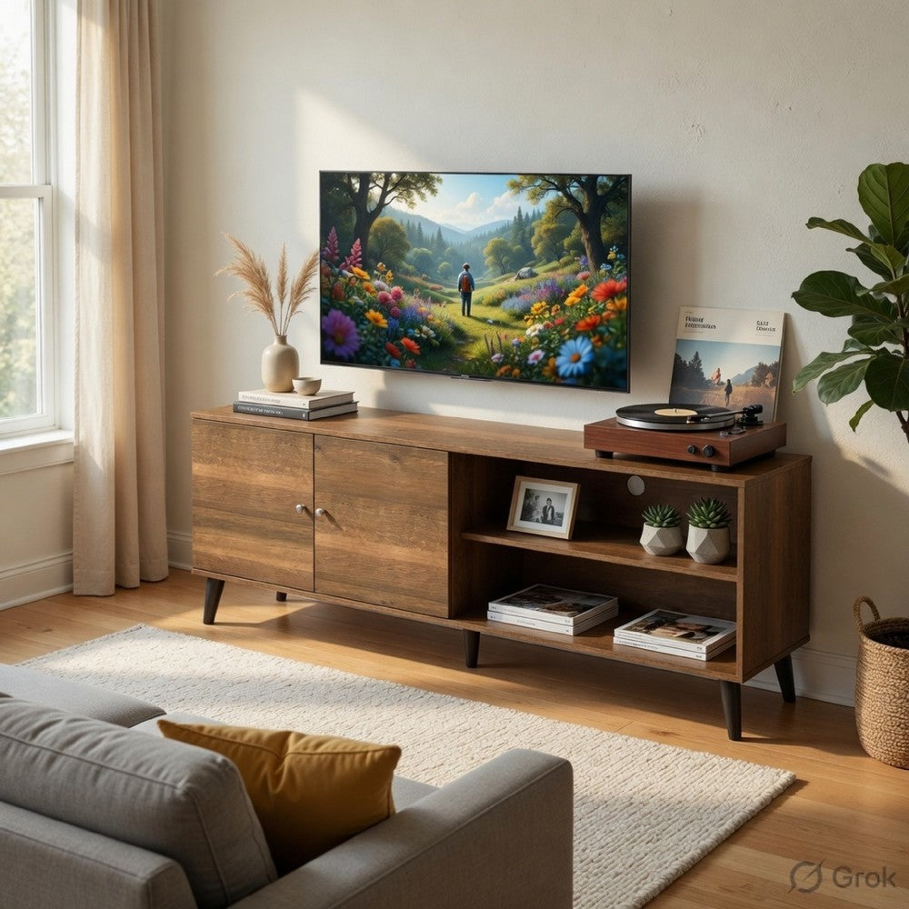 Donna TV Stand Media Console | Shelves and 2 Door Cabinet | Brown Wood 63"