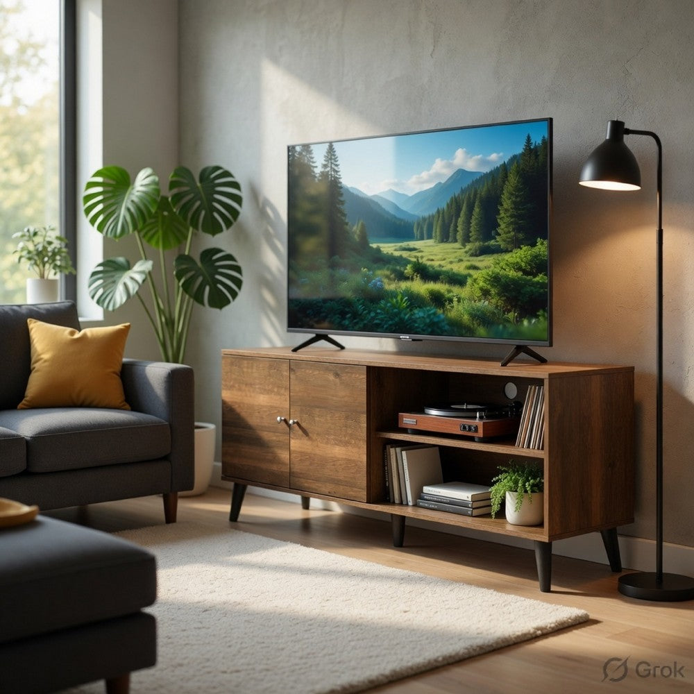 Donna TV Stand Media Console | Shelves and 2 Door Cabinet | Brown Wood 63"