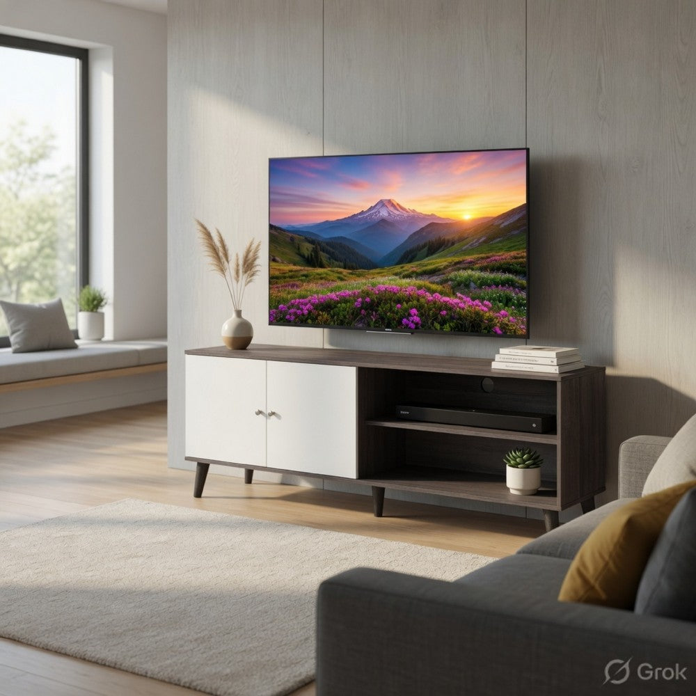 Donna TV Stand Media Console with 2 Door Cabinet | Dark Gray-White Wood 63"