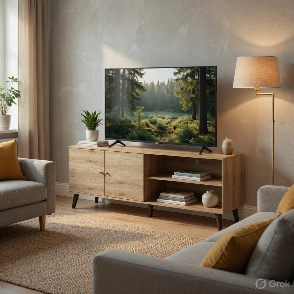 Donna TV Stand Media Console | Shelves and 2 Door Cabinet | Oak Gray Wood 63"