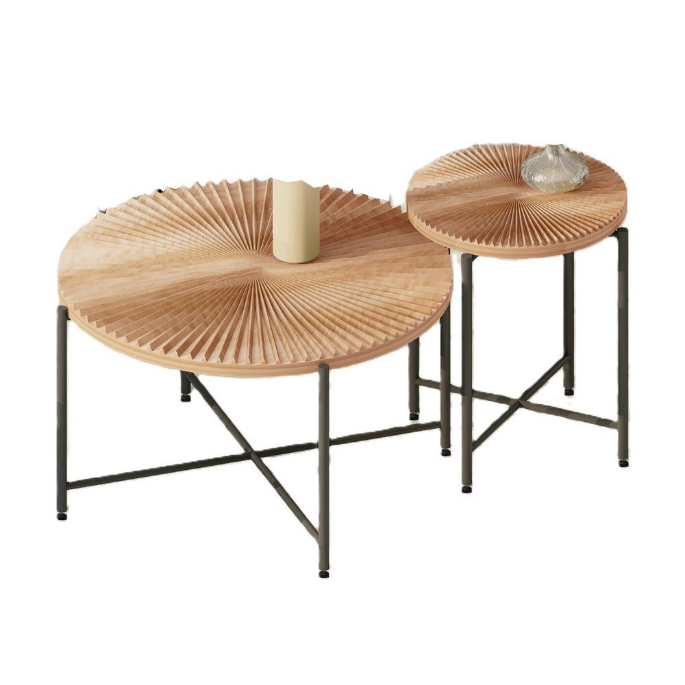 Covey 2Pc Coffee and End Table Set with Radial Pattern | Natural Wood