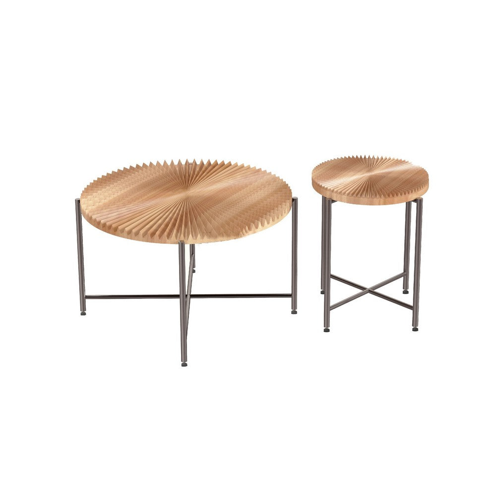 Covey 2Pc Coffee and End Table Set with Radial Pattern | Natural Wood