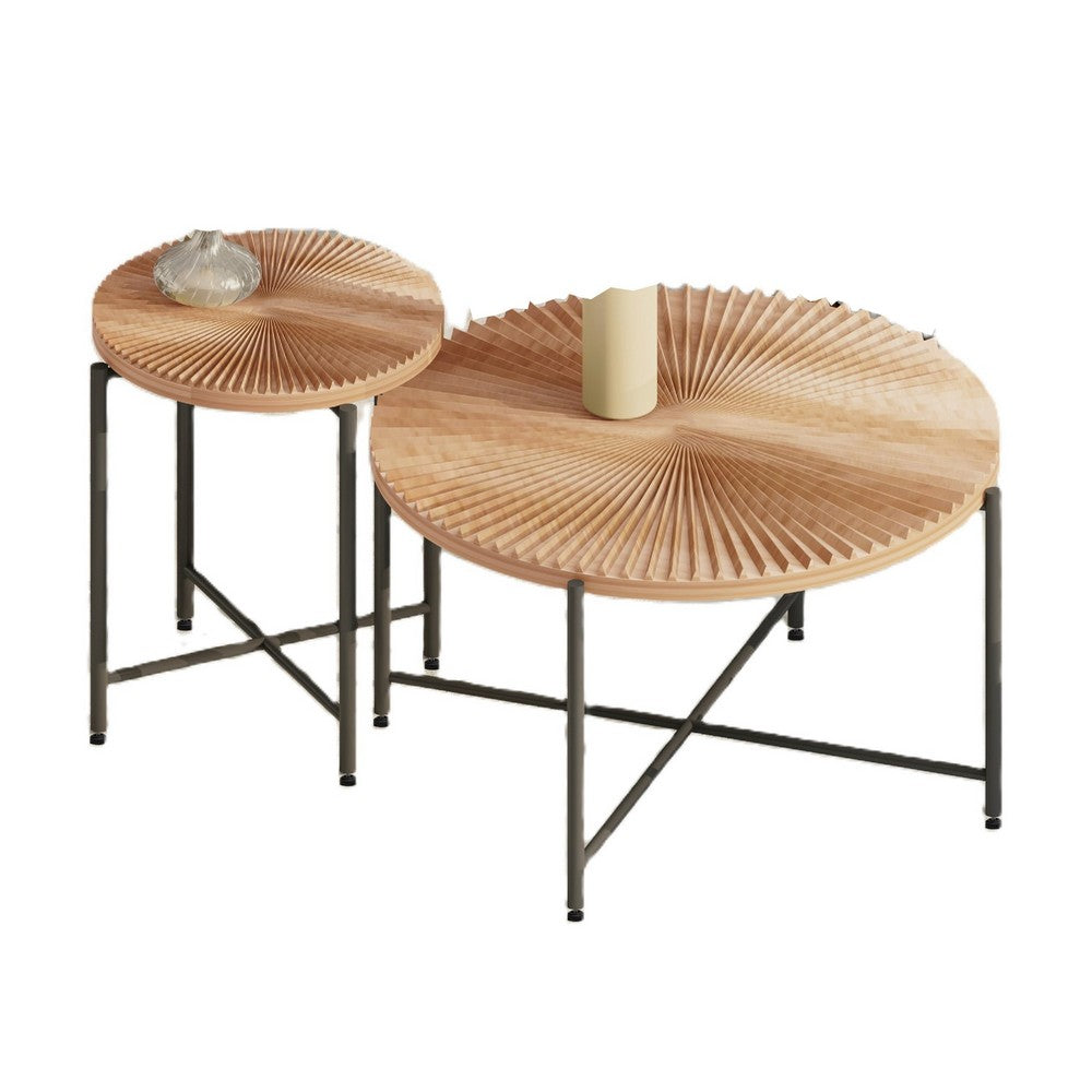 Covey 2Pc Coffee and End Table Set with Radial Pattern | Natural Wood