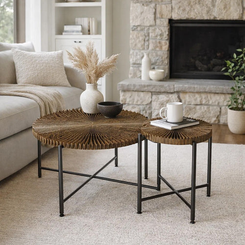 Covey 2Pc Coffee and End Table Set with Radial Pattern | Walnut Wood
