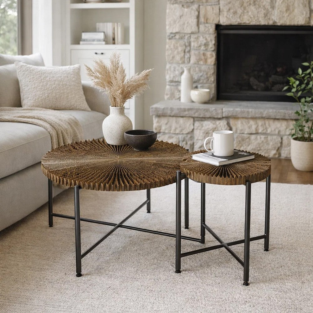 Covey 2Pc Coffee and End Table Set with Radial Pattern | Walnut Wood