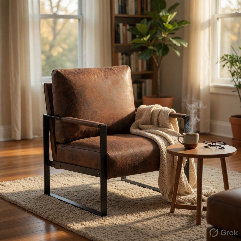 Kriya Accent Lounge Arm Chair with Black Metal Frame | Brown Microfiber