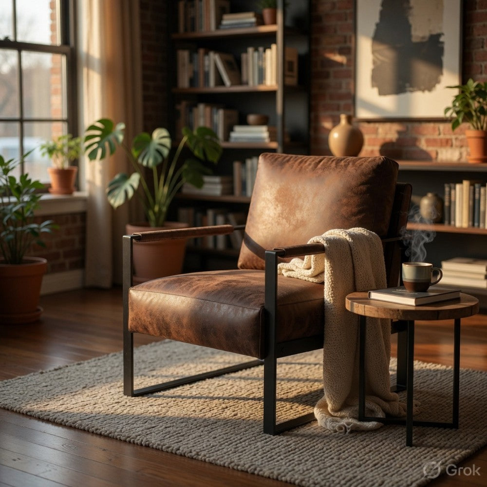 Kriya Accent Lounge Arm Chair with Black Metal Frame | Brown Microfiber