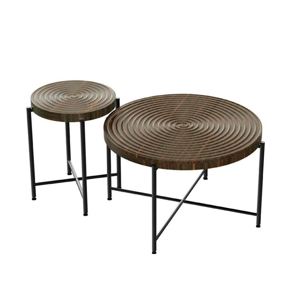 Sierra 2Pc Coffee and End Table Set | Carved Ring Pattern | Walnut Top