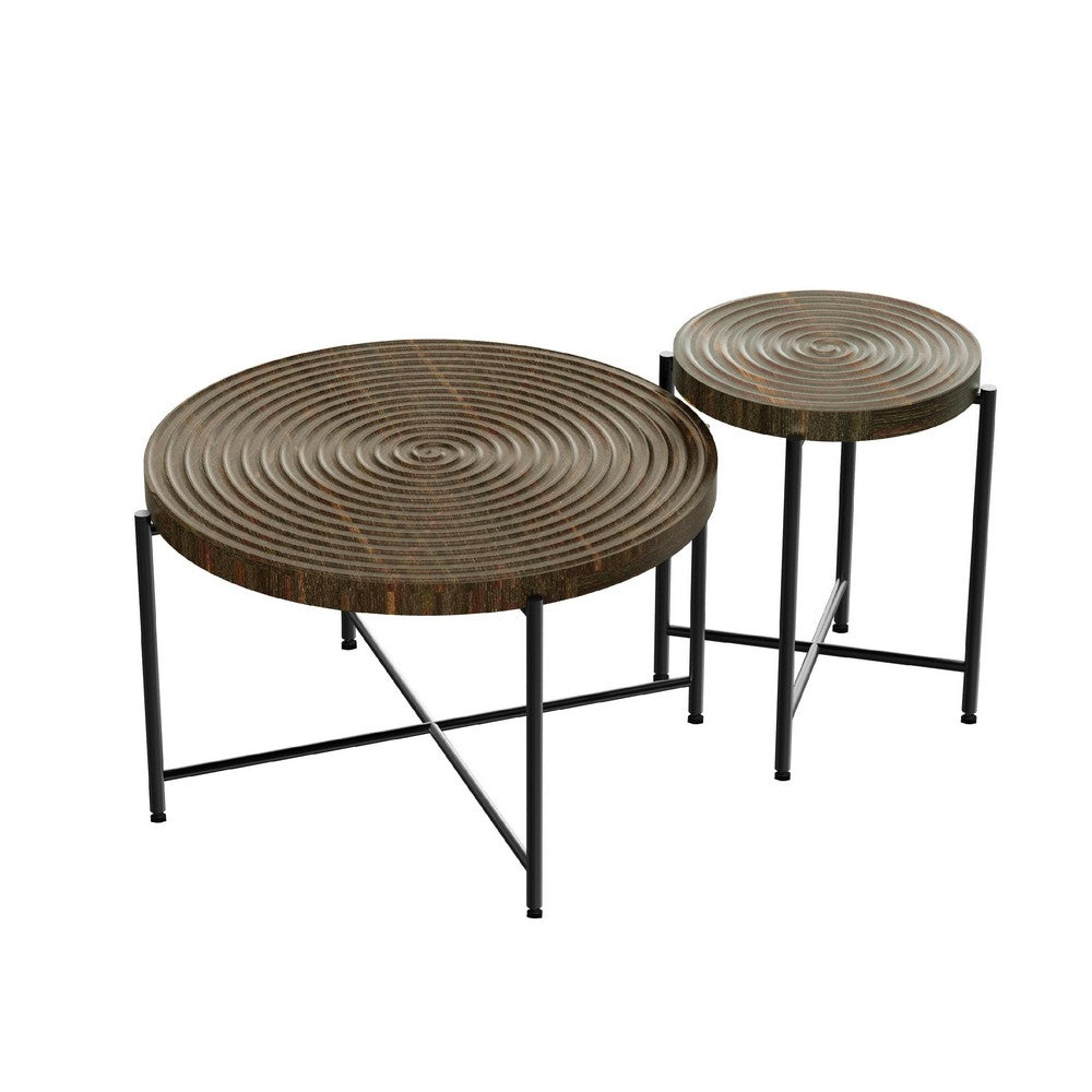 Sierra 2Pc Coffee and End Table Set | Carved Ring Pattern | Walnut Top