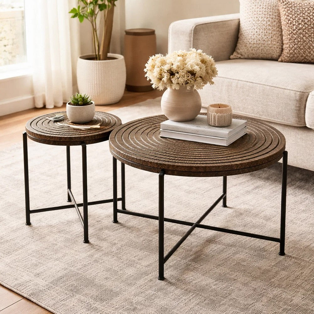 Sierra 2Pc Coffee and End Table Set | Carved Ring Pattern | Walnut Top