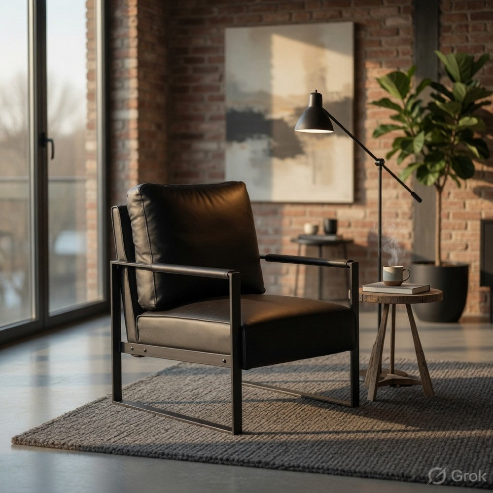 Kriya Accent Lounge Arm Chair with Black Metal Frame | Black Vegan Leather