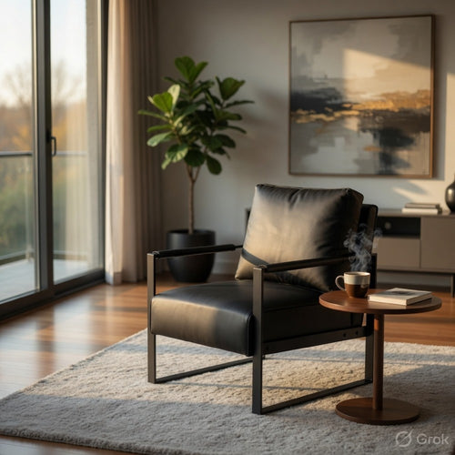 Kriya Accent Lounge Arm Chair with Black Metal Frame | Black Vegan Leather