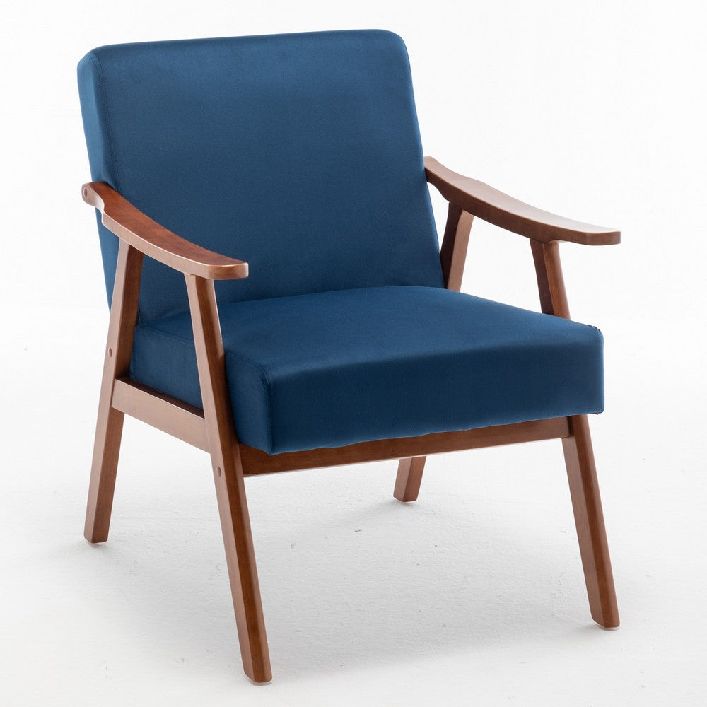 Ryno Mid-Century Accent Chair | Natural Wood Frame | Dark Blue Velvet